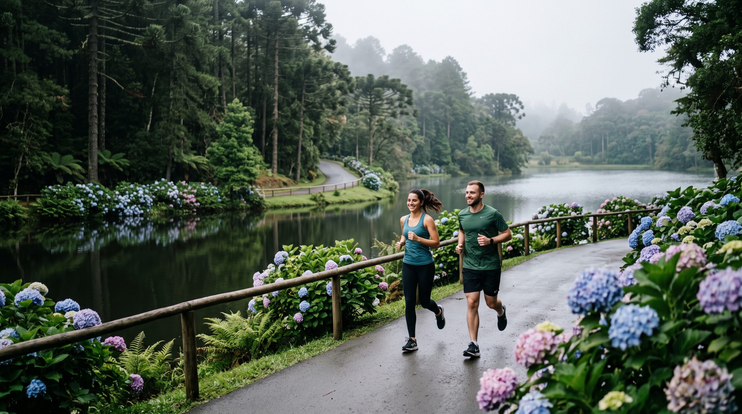 A couple jogging together around a dark lake