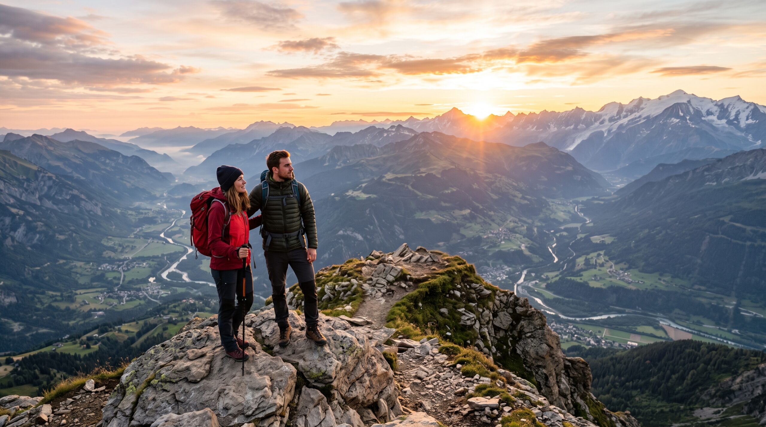 Couple standing on a mountain peak