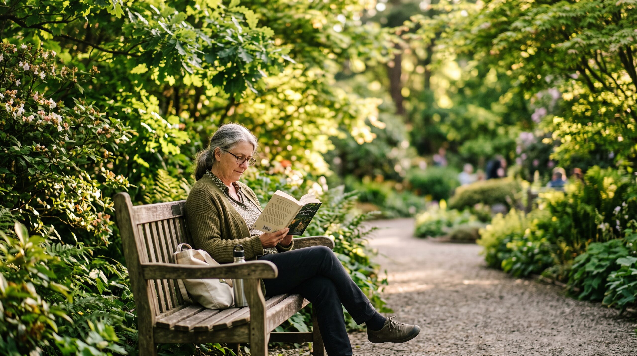 Person reading a book on a bench