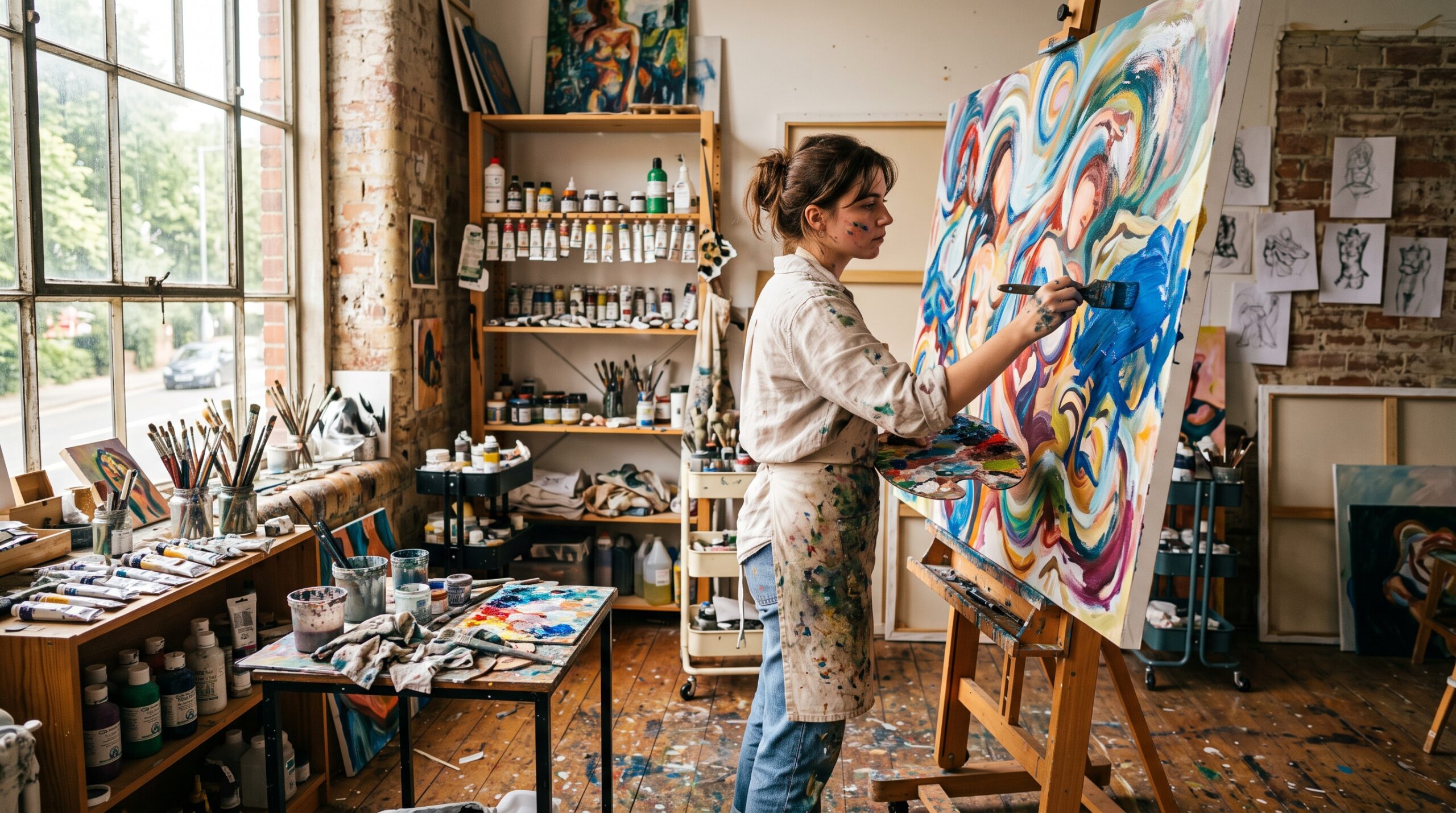 Young artist painting a large canvas